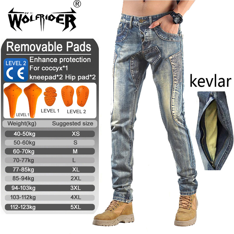 Motorcycle Gear Japan - Męskie jeansy motocyklowe z kevlaru, spodnie